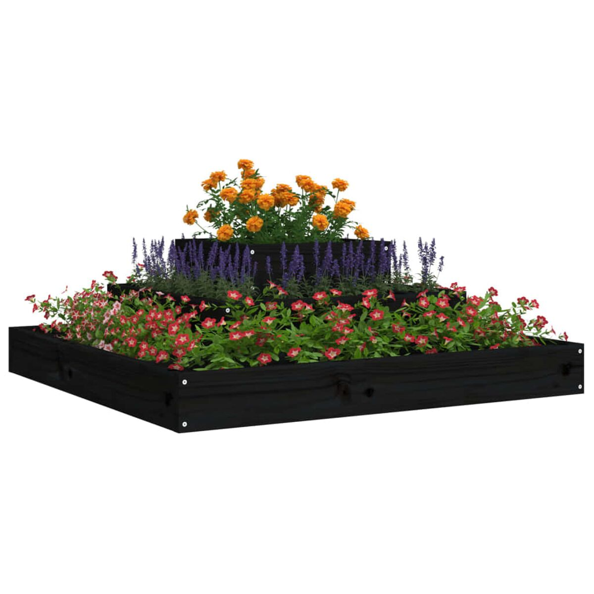 Schwarzer, mehrstufiger Pflanzkübel mit Blumen. Orange und violette Blumen oben. Rote Blumen auf der unteren Ebene.