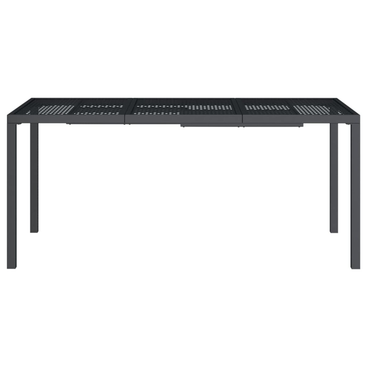 Schwarzer Metalltisch mit perforierter Oberfläche, minimalistisches Design.