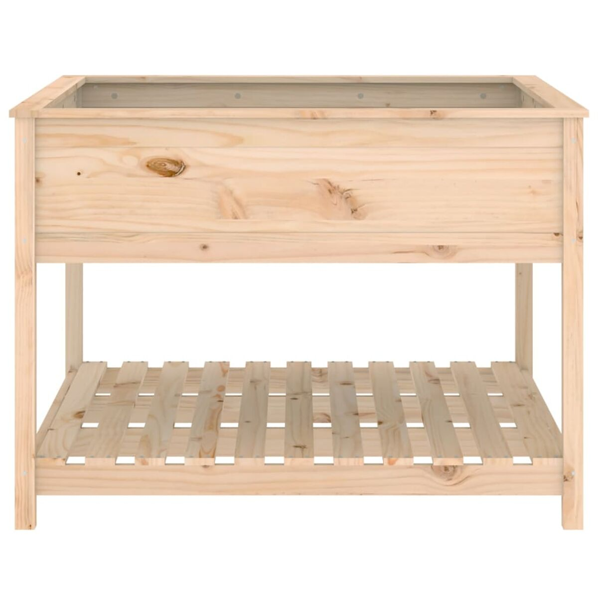 Pflanzenständer aus Holz. Es hat ein Regal an der Unterseite und ist aus hellem Holz gefertigt.