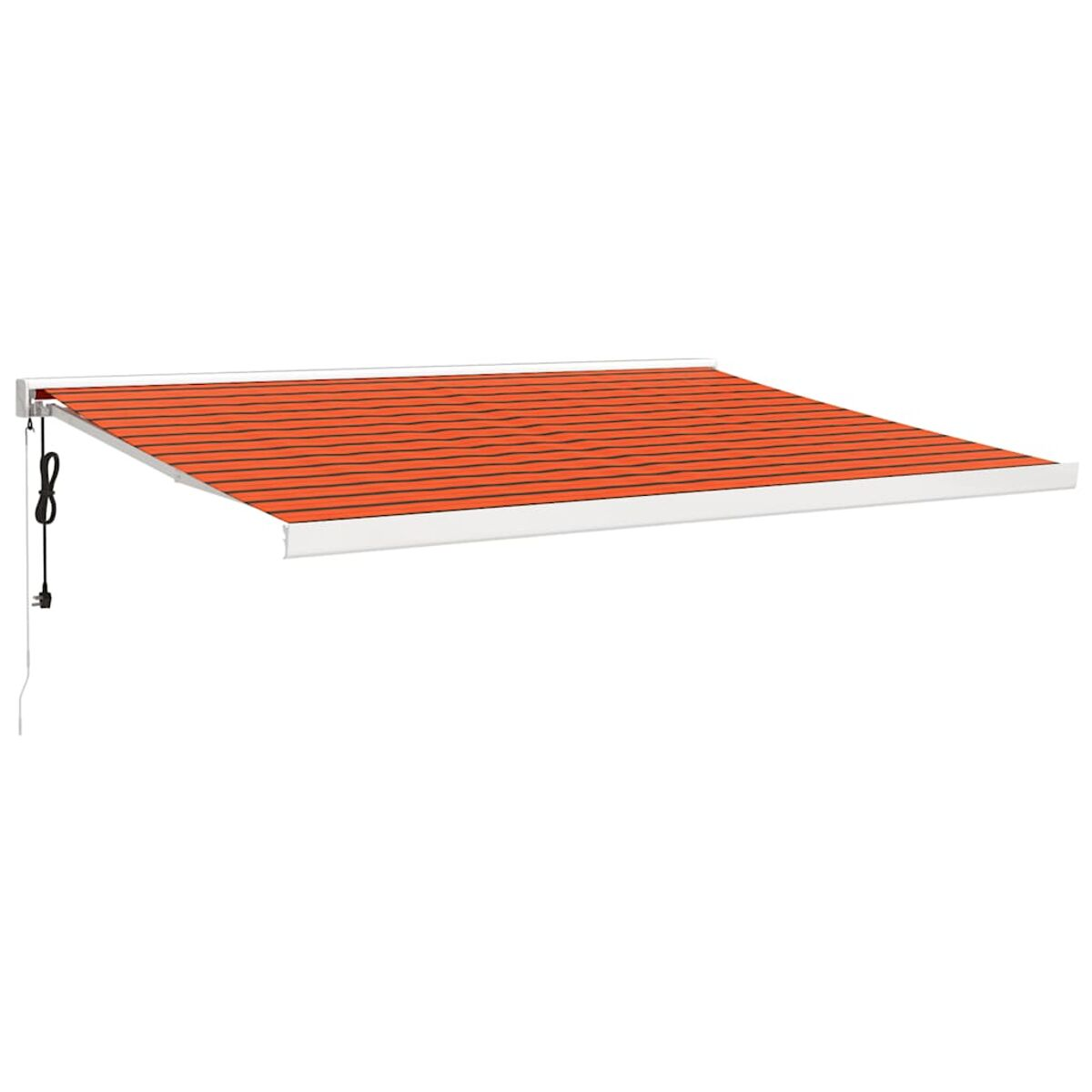 Orange und schwarz gestreifte Markise, weißer Rahmen, ausgefahren. Netzkabel sichtbar.