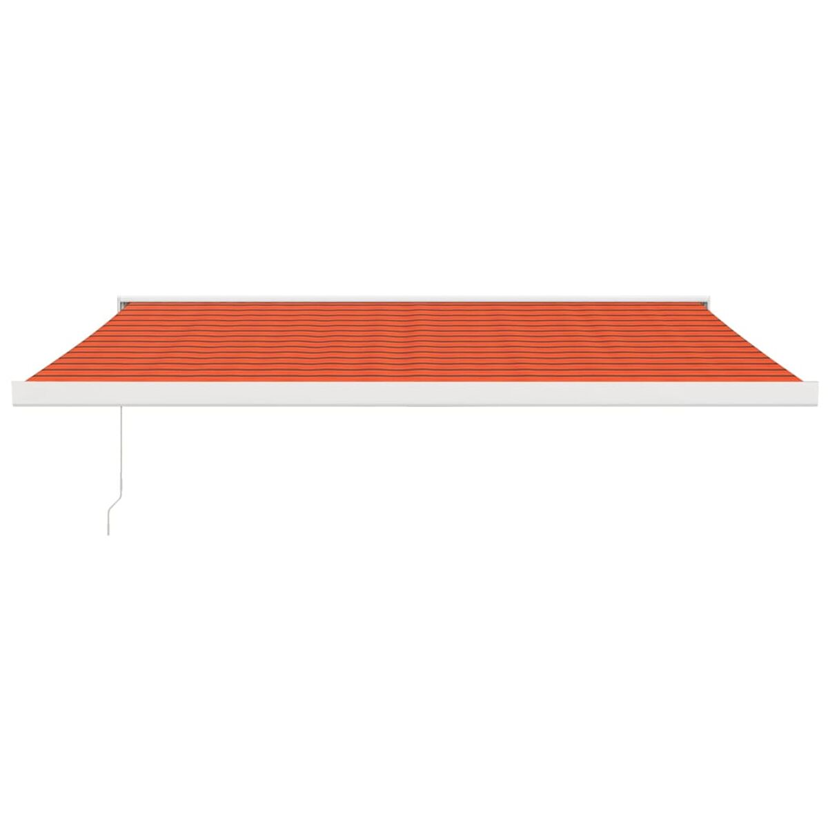 Eine orange-rote Markise mit weißem Rand, vor weißem Hintergrund.