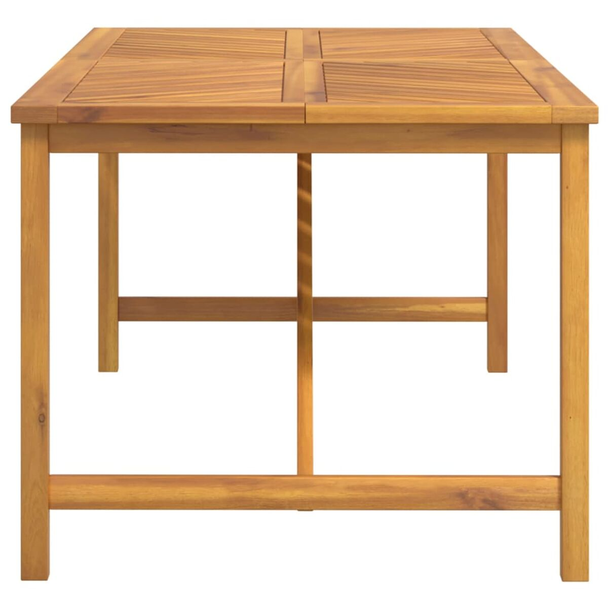 Ein rechteckiger Holztisch mit hellbrauner Oberfläche, stabilen Beinen und schlichtem Design.