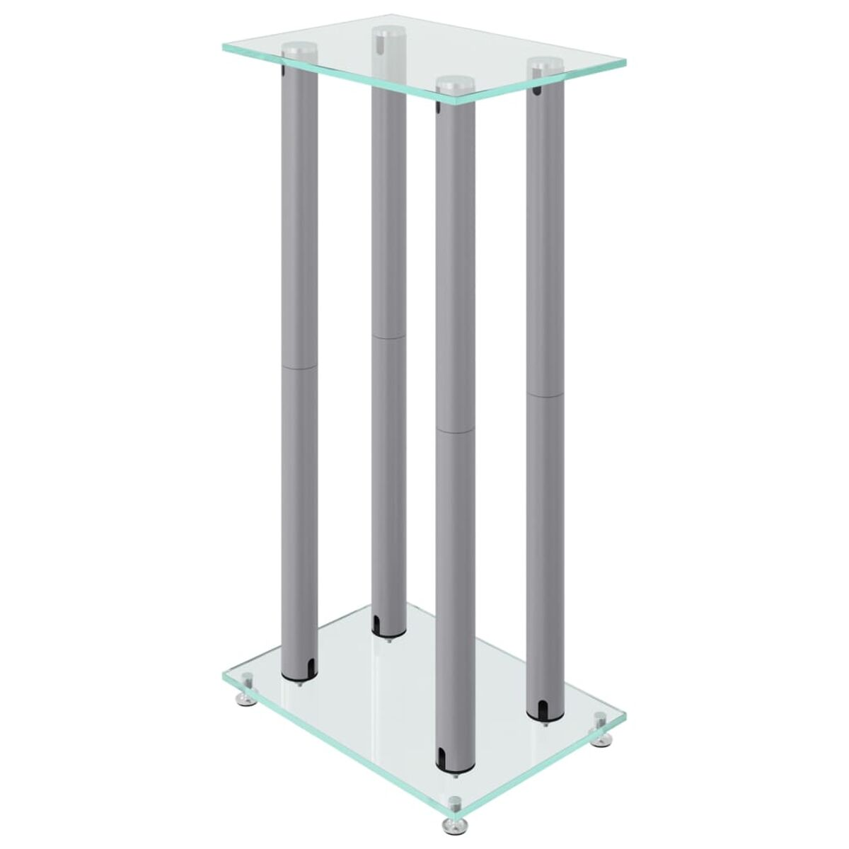 Glas-Displayständer mit silbernen Säulen. Rechteckige Glasplatte und -basis.