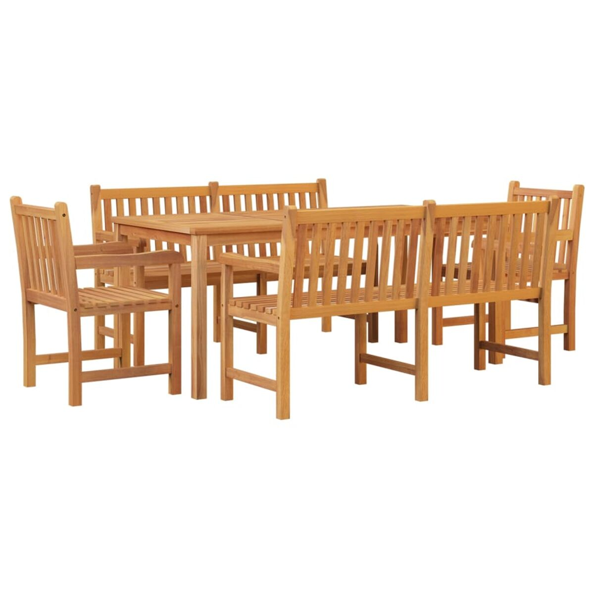 Ein hölzernes Ess-Set mit einem Tisch und sechs Stühlen.