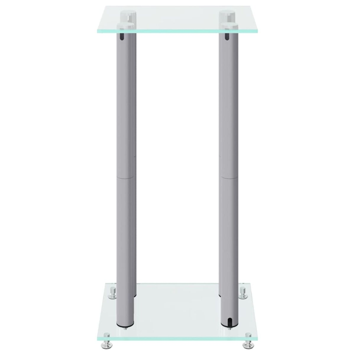 Ein Glas- und Metallpodium mit zwei silbernen Stützen und quadratischer Basis. Modernes, klares Design.