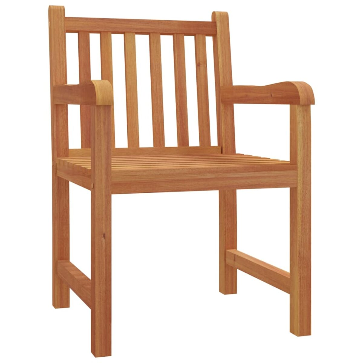 Holz-Außenstuhl mit Armlehnen. Hellbraune Farbe, Sitzfläche und Rückenlehne.