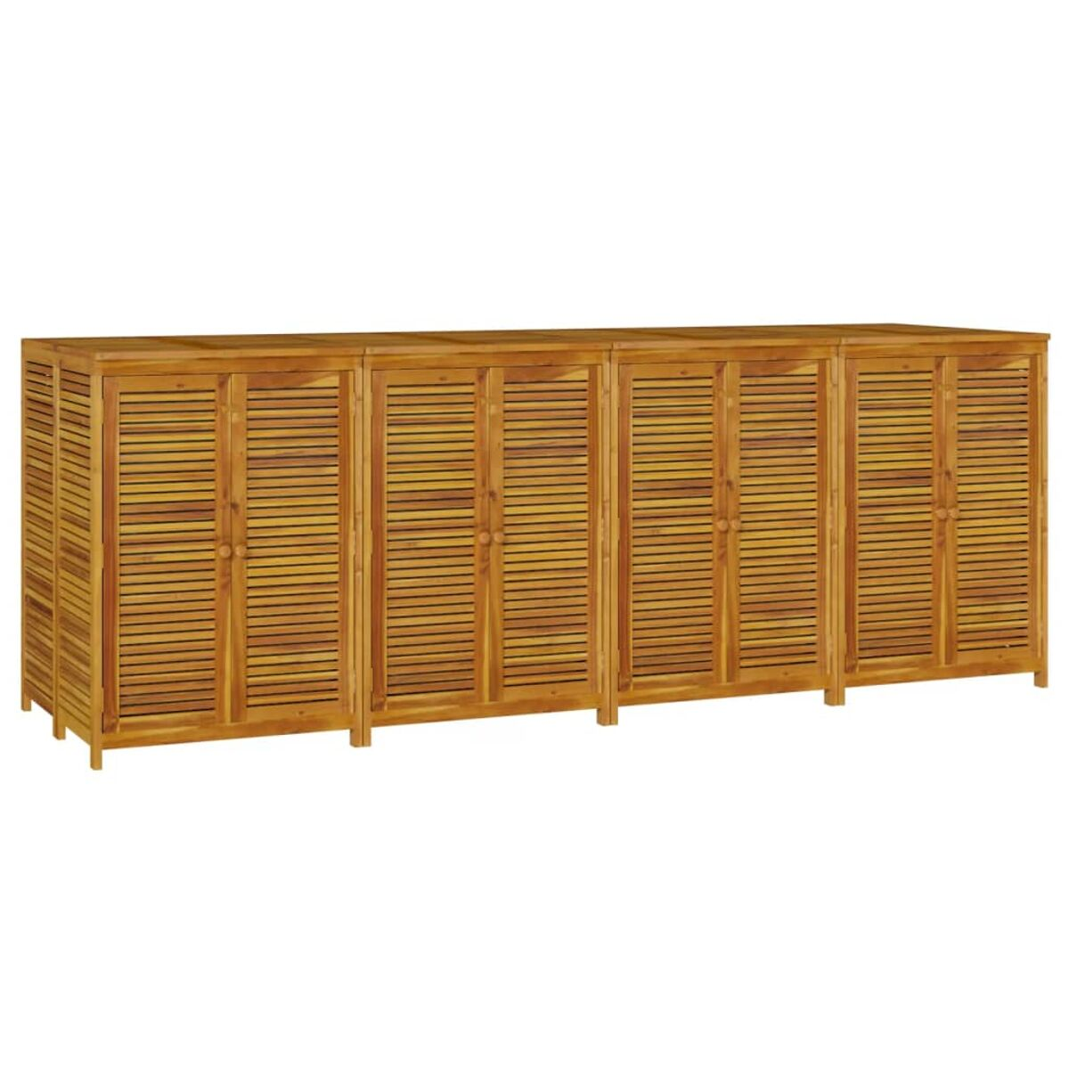 Holz-Aufbewahrungsschrank mit mehreren Türen und vertikalem Lamellendesign.