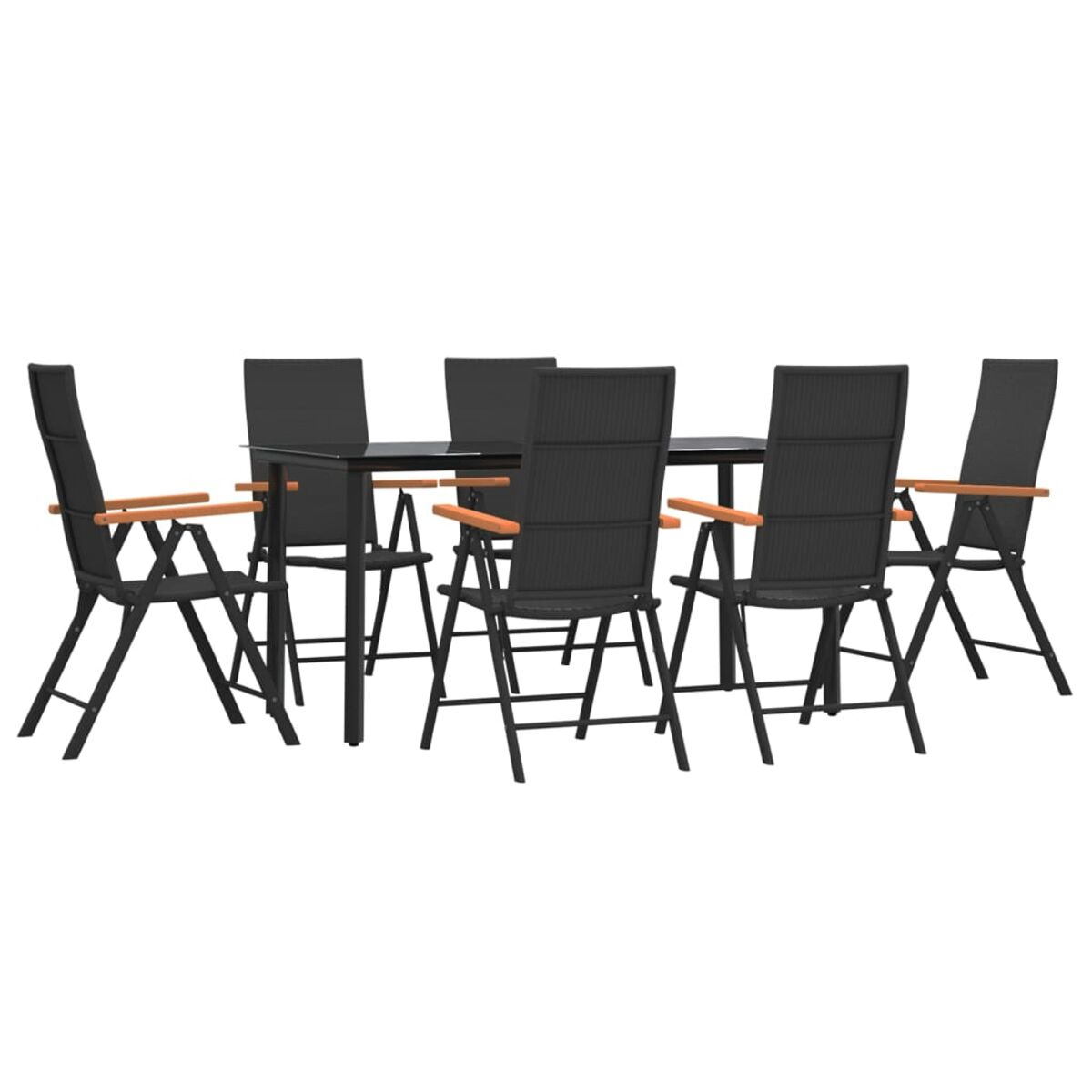 Ein Tisch mit sechs schwarzen Stühlen, Holzarmen und einer Glasplatte.