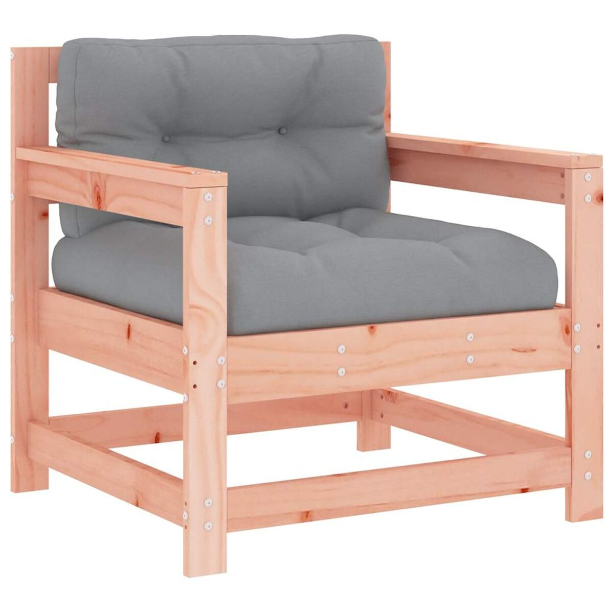 Holz-Sessel mit grauem Kissen und Rückenlehne. Hellbraunes Holz mit sichtbaren Verbindungen, einfacher Stil.