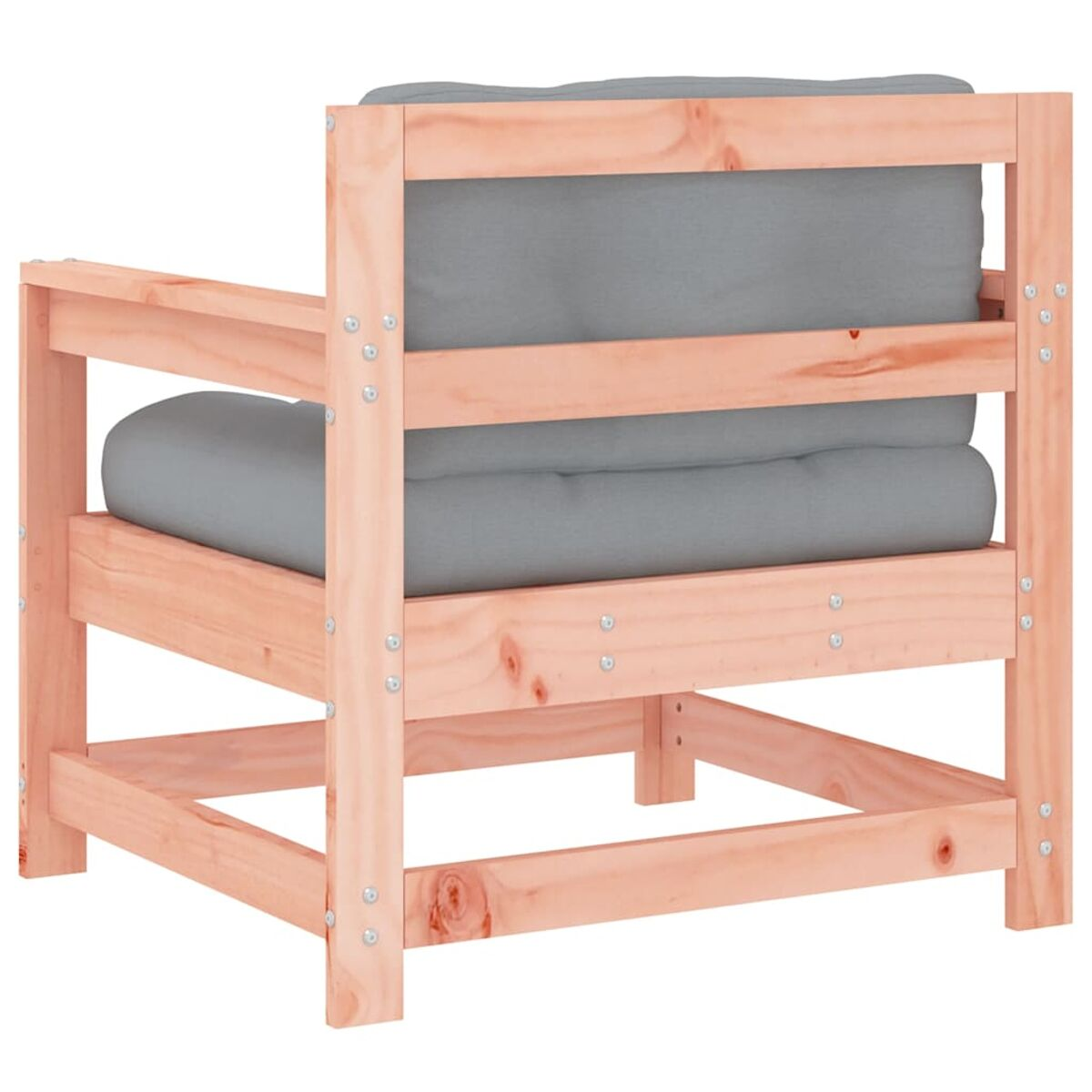 Holzsessel mit grauem Kissen. Rücken und Arme sichtbar. Schrauben sind sichtbar.