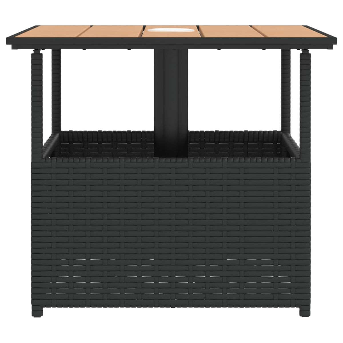 Outdoor-Bartisch mit schwarzem Webgestell und brauner Holzplatte mit Loch.