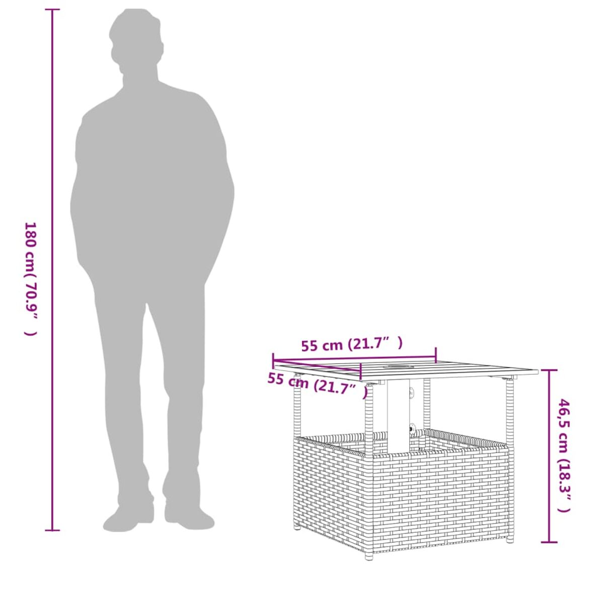 Korbtisch mit einer Person daneben. Tisch ist 55cm quadratisch und 46,5cm hoch. Person ist 180cm.