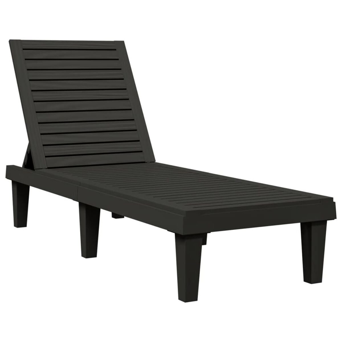 Schwarze Outdoor-Liege. Der Stuhl besteht aus Holzlatten und Beinen.
