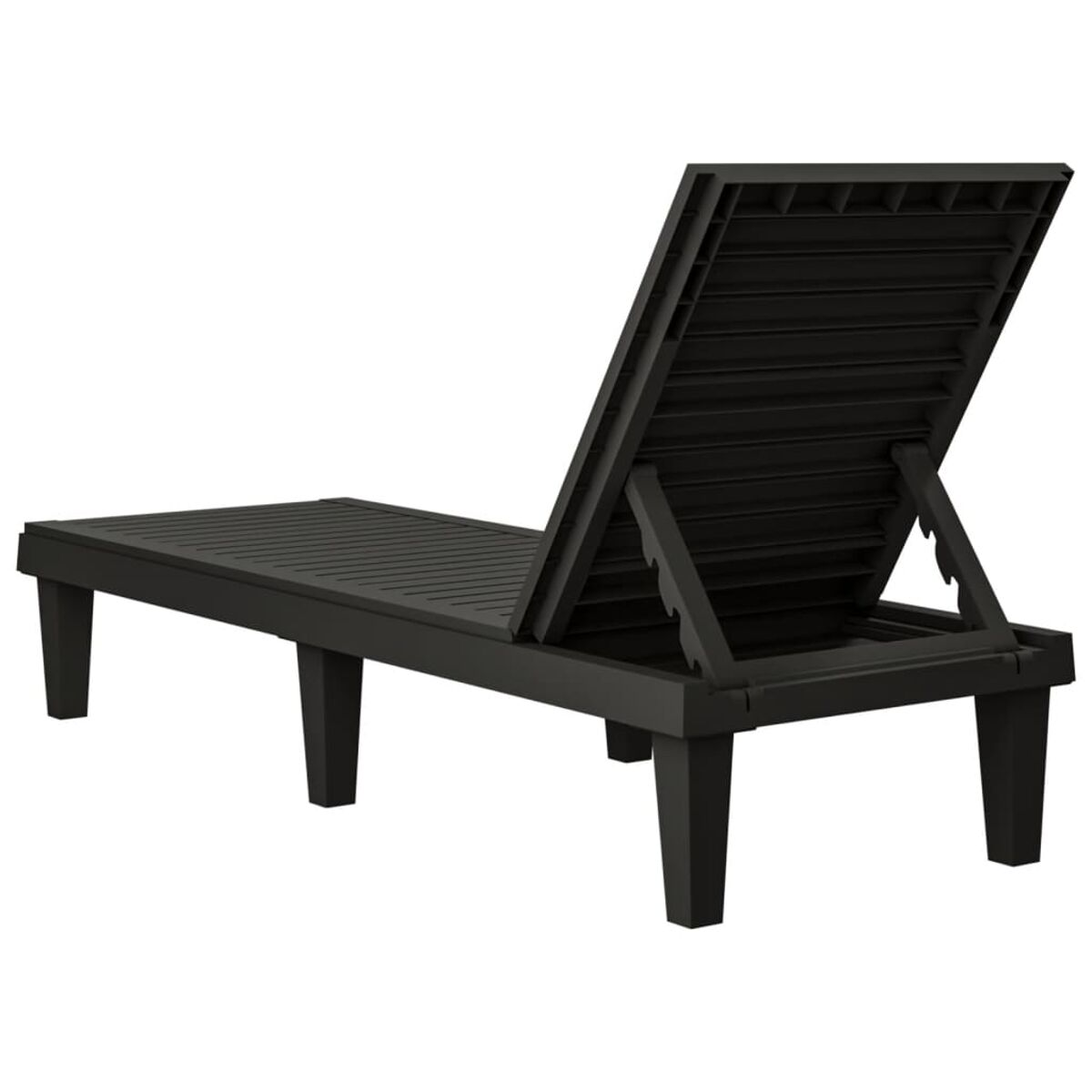 Schwarze Outdoor-Liege mit Lattenrücken, auf weißem Hintergrund.