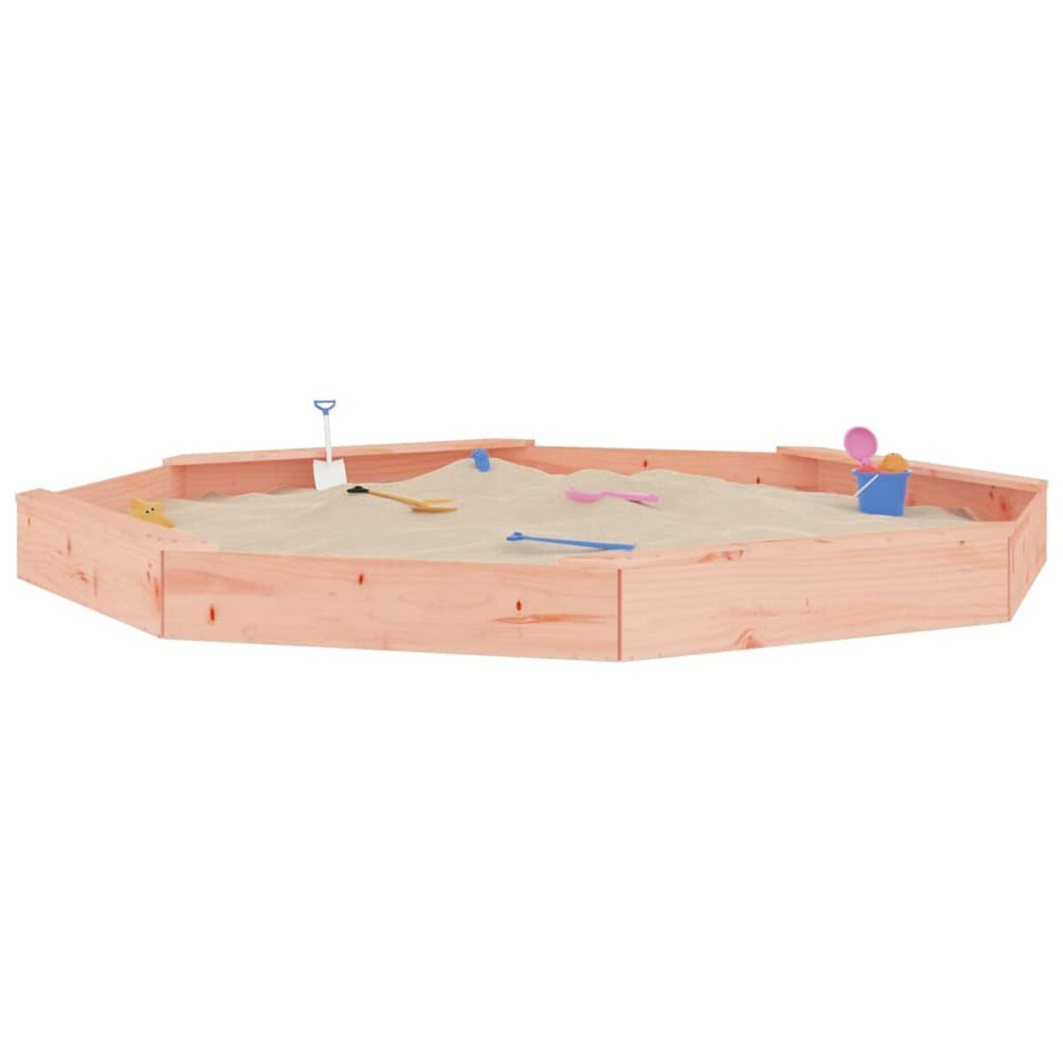 Ein hölzerner Sandkasten mit Sand und Spielzeug darin.