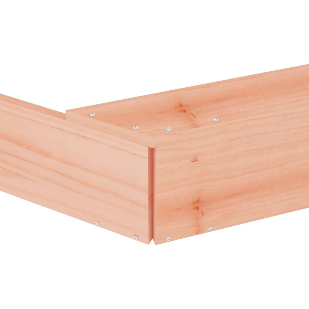 Nahaufnahme der Ecke einer Holzkonstruktion, Schrauben sichtbar.