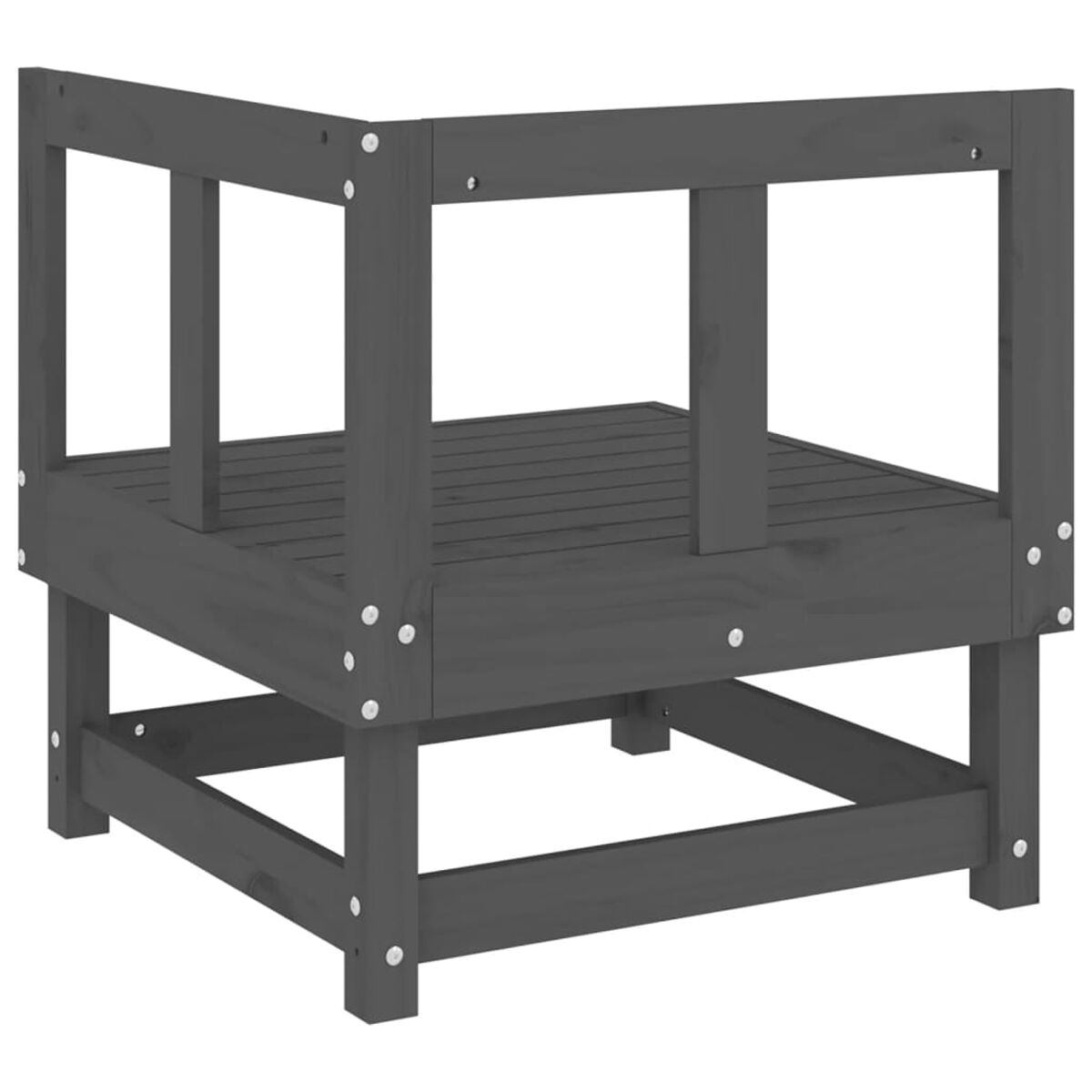 Eck-Sitzmöbel aus Holz für draußen. Graue Oberfläche, Latten-Design. Weißer Hintergrund.