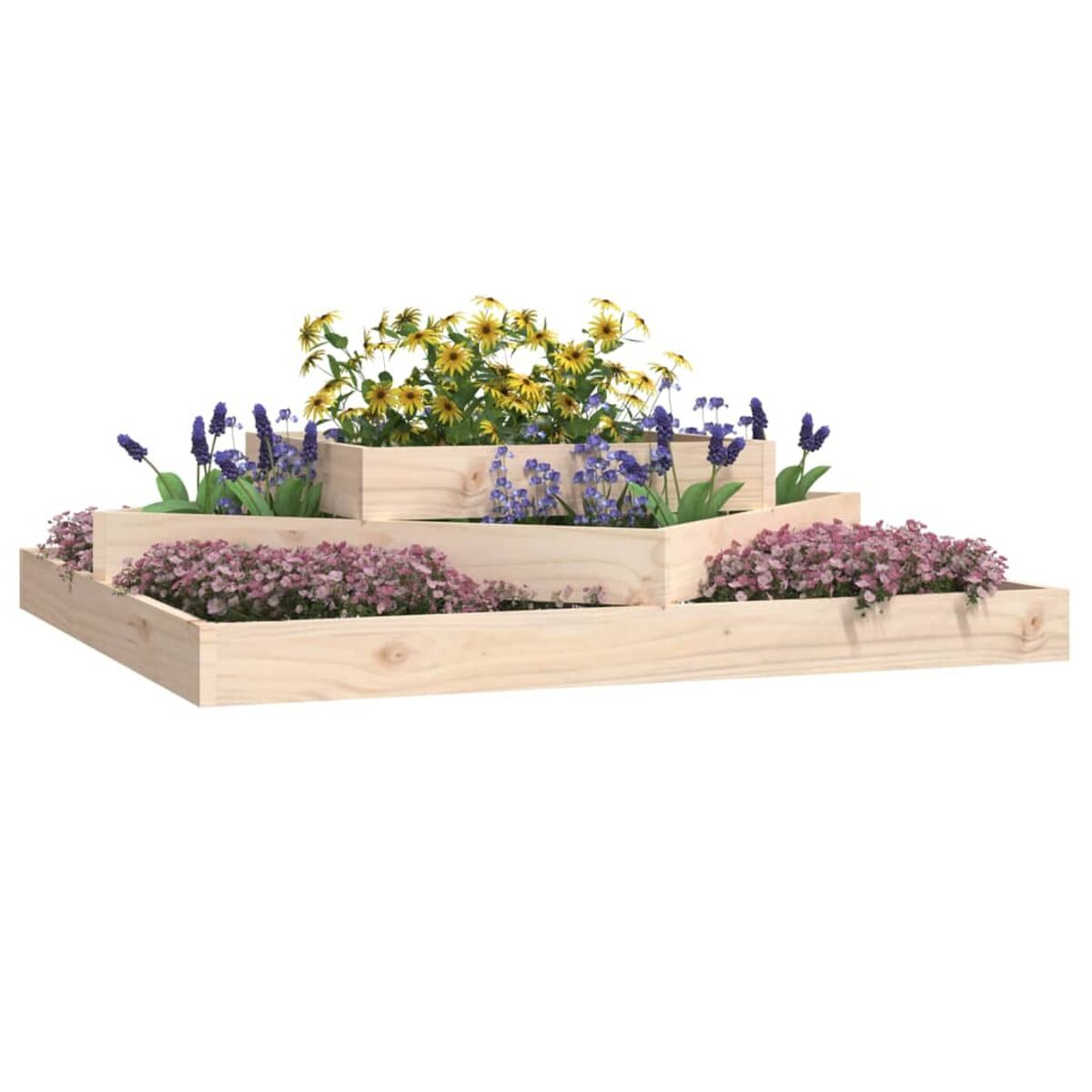 Dreistufige Pflanzkästen aus Holz mit Blumen: gelb, lila und rosa.