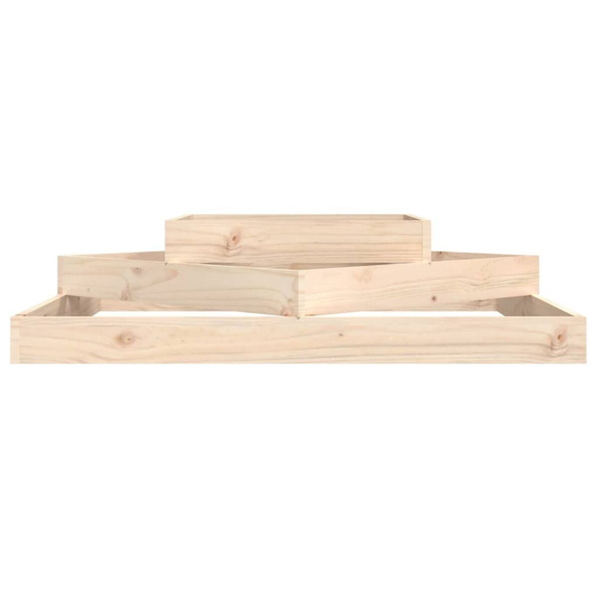 Drei Holzboxen gestapelt, bilden Pyramidenform. Die Holzmaserung ist sichtbar.
