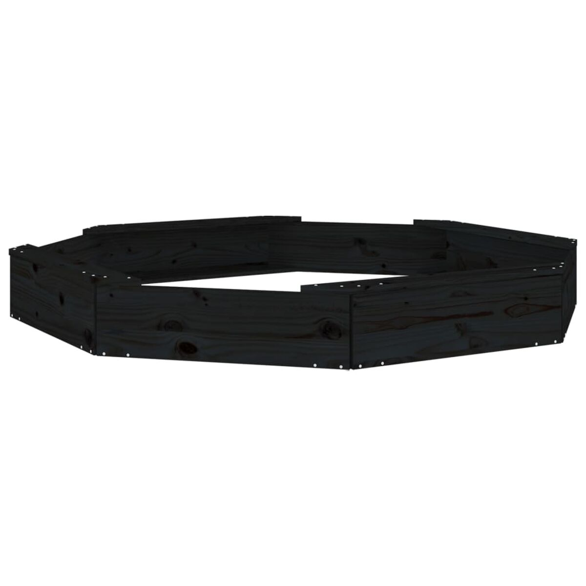 Fioriera ottagonale in legno nero, con viti visibili lungo i bordi.