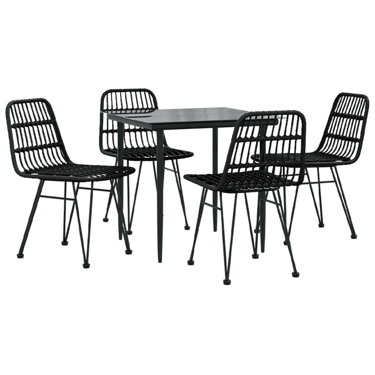 Essgruppe im Freien. Schwarzer Tisch und Stühle. Gewebte Stuhlrücken. Weißer Hintergrund.