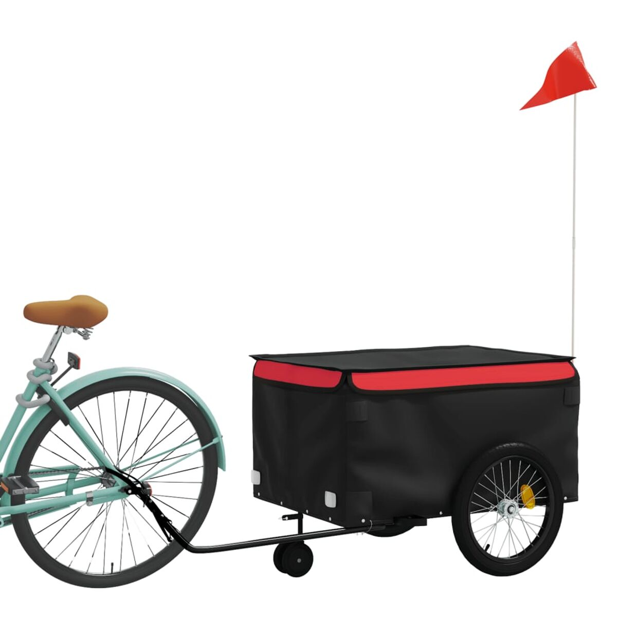 Ein blaues Fahrrad zieht einen schwarz-roten Anhänger mit roter Flagge.
