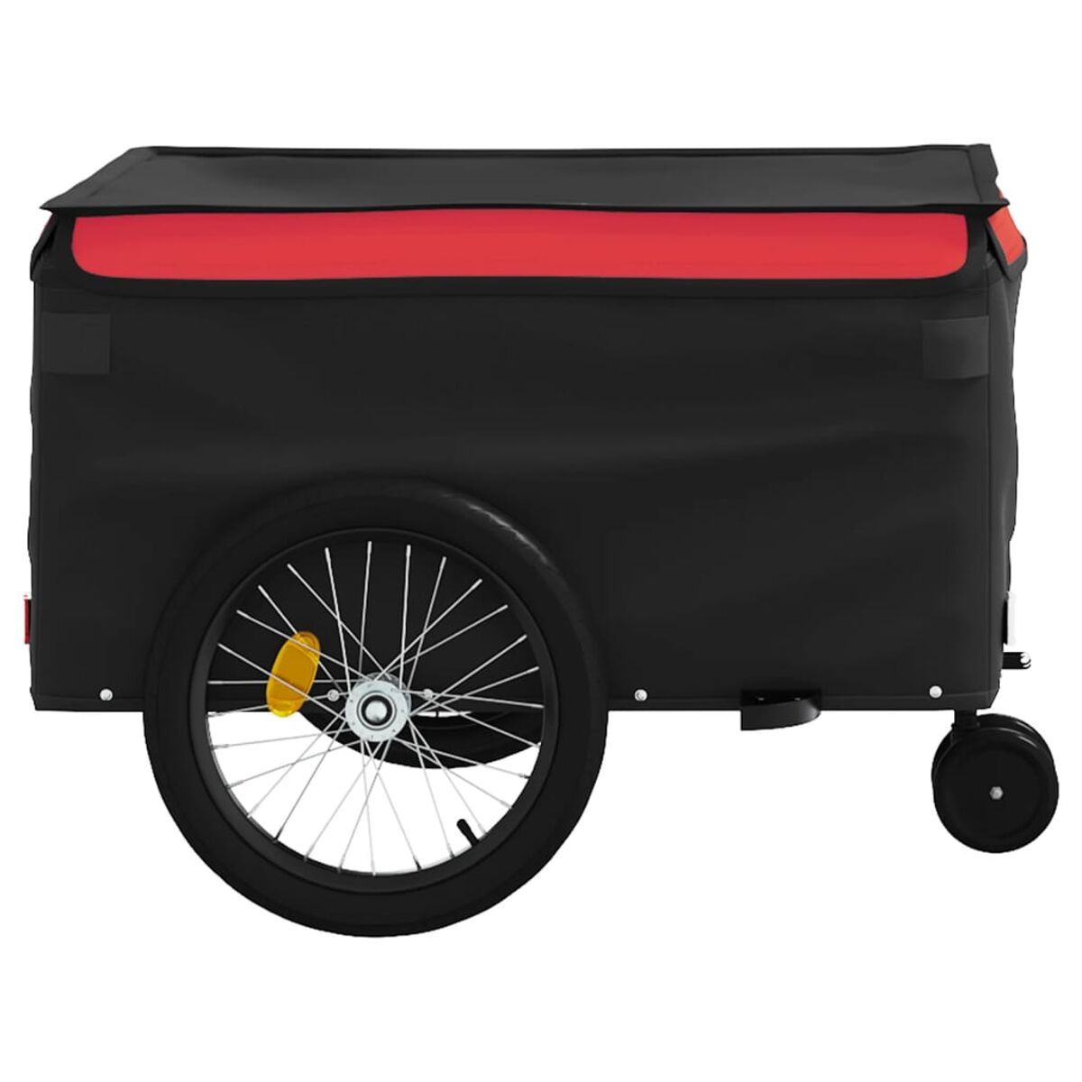 Schwarz-roter Fahrradanhänger mit Rad und roter Abdeckung.