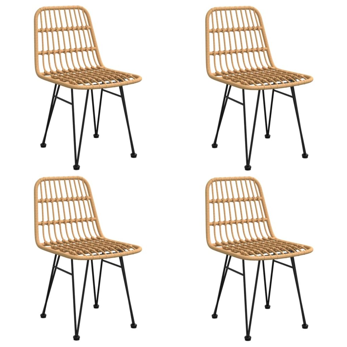 Vier Rattan-Stühle mit schwarzen Metallbeinen. Stühle haben gewebte Rücken und Sitze, neutraler Farbton.