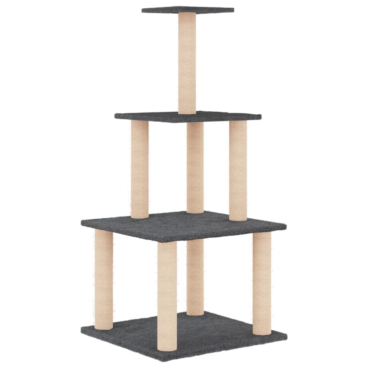 Katzenbaum mit mehreren Ebenen und Kratzbäumen. Weißer Hintergrund.