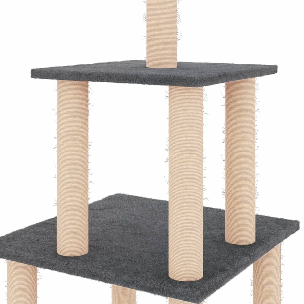 Ein mehrstöckiger Katzenbaum mit grauen, mit Teppich bedeckten Plattformen und beigen Säulen.