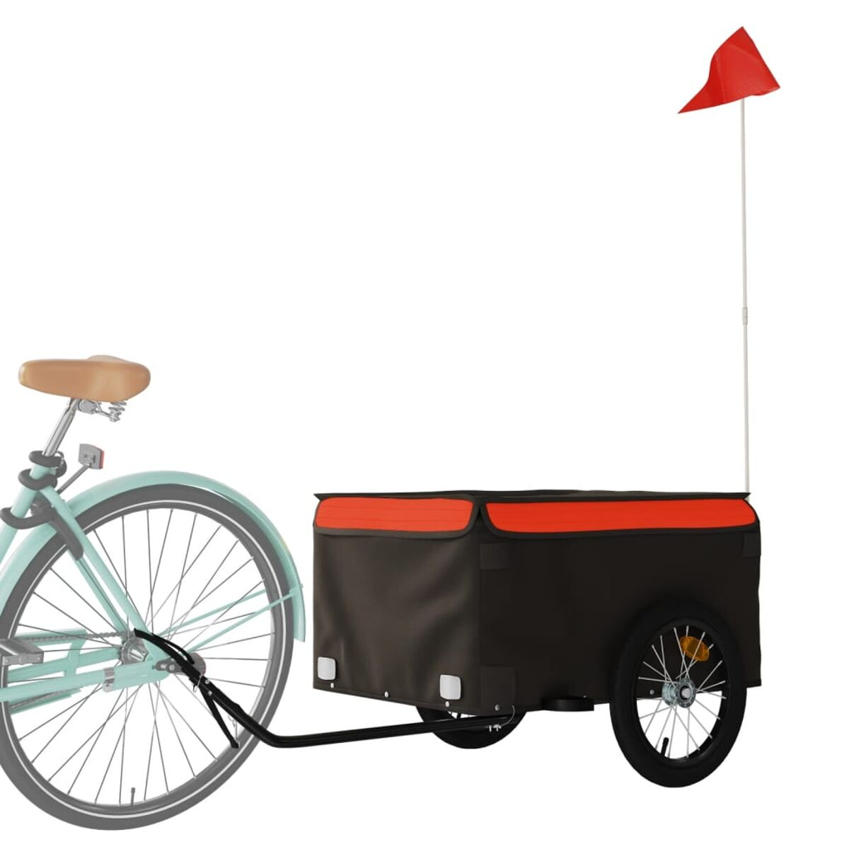 Ein Fahrrad zieht einen schwarzen Anhänger mit orangem Dach. Eine rote Fahne ist am Anhänger befestigt.