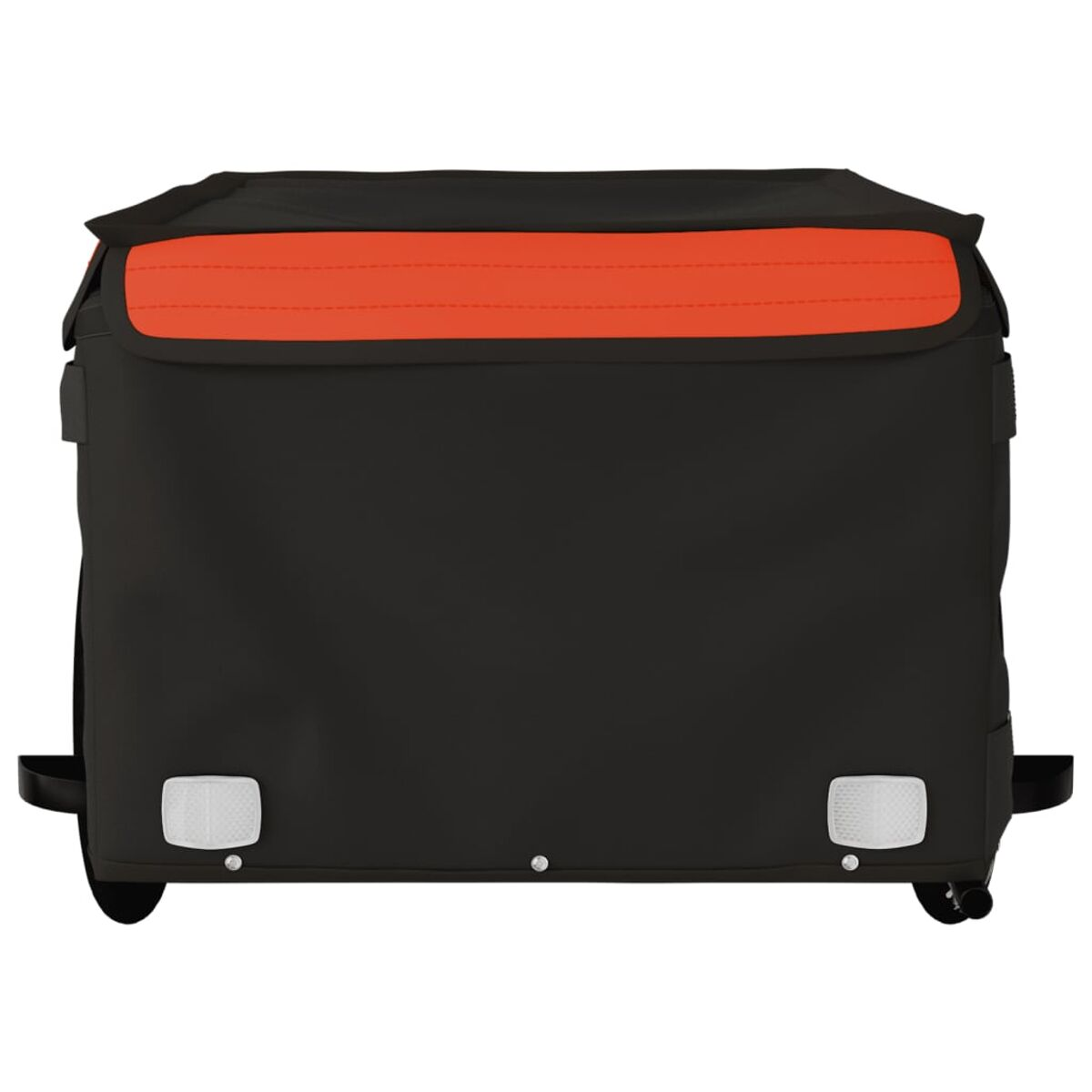 Schwarze Liefertasche mit orangefarbenem Besatz, Reflektoren und Rädern. Isoliert auf Weiß.