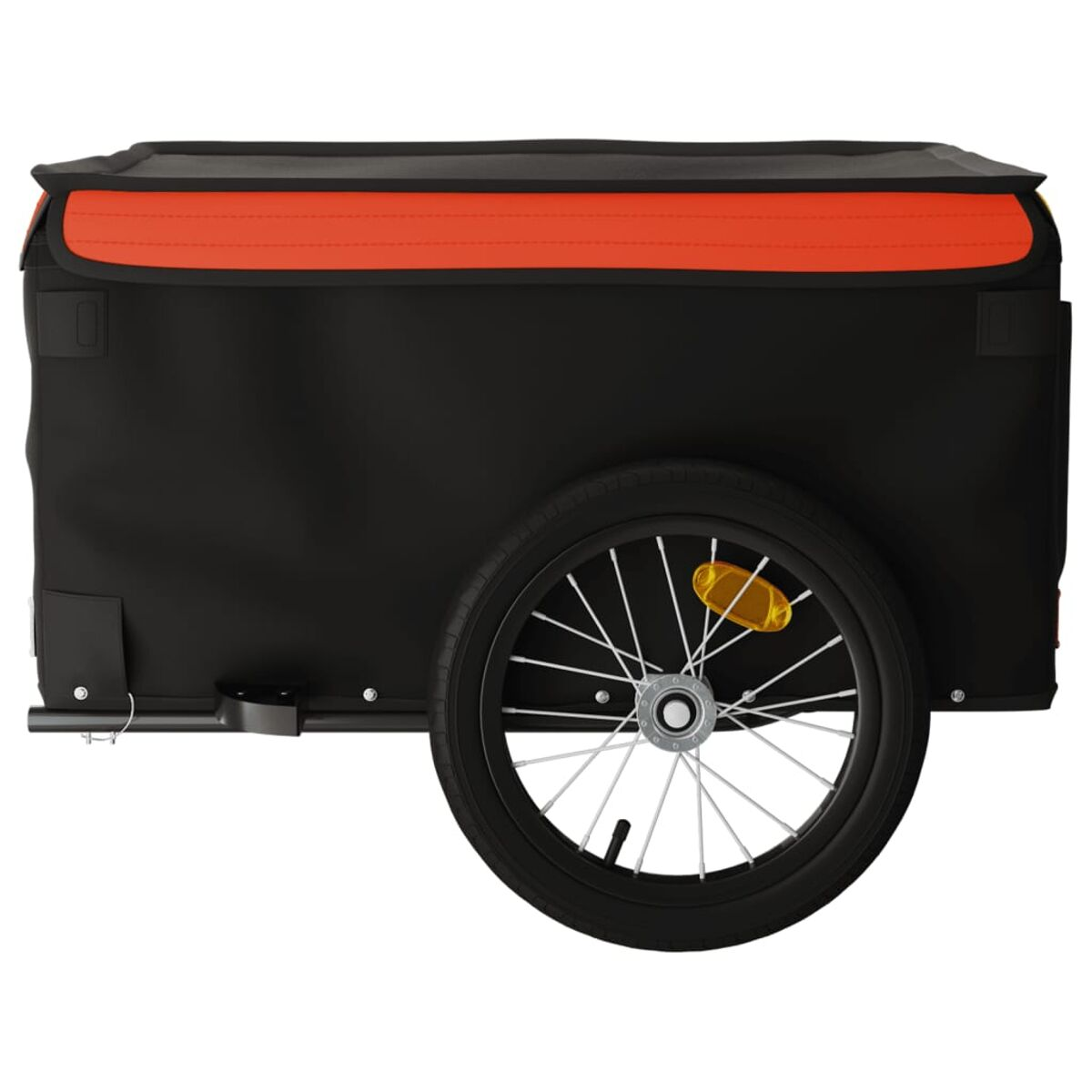 Ein schwarzer und orangefarbener Anhänger. Der Anhänger hat ein Rad und eine Abdeckung.