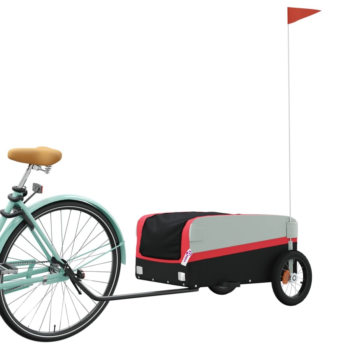 Ein Fahrrad mit Anhänger. Der Anhänger ist grau, schwarz und rot mit einer roten Fahne.