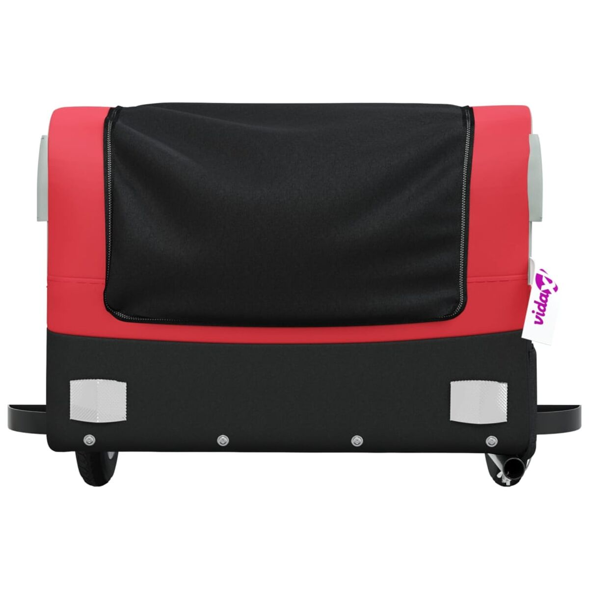 Roter und schwarzer Kinderwagen mit Rädern. Ein schwarzer Netzabschnitt ist sichtbar. Rechts hängt ein weißes Etikett.