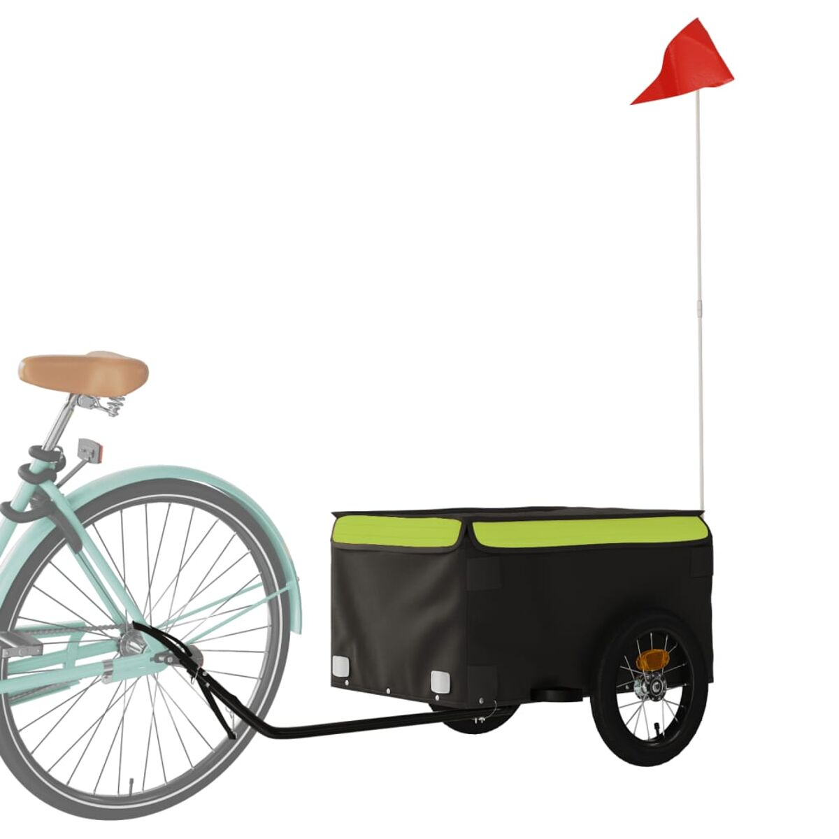 Ein Fahrrad mit Anhänger. Der Anhänger ist schwarz und grün mit roter Flagge.