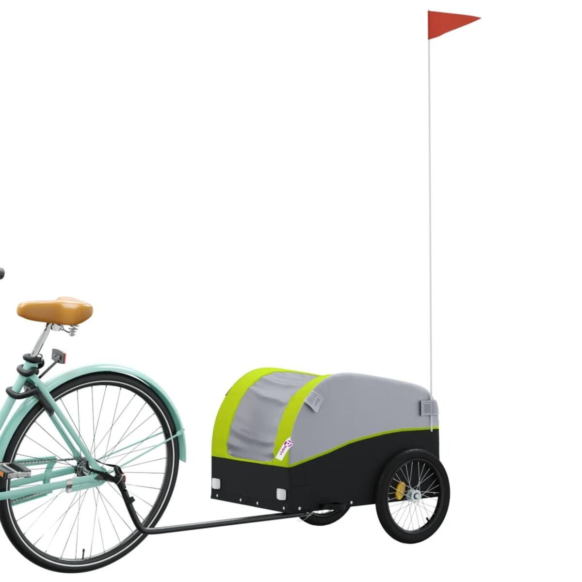 Fahrrad zieht Anhänger. Anhänger ist grau, grün und schwarz, mit roter Fahne.