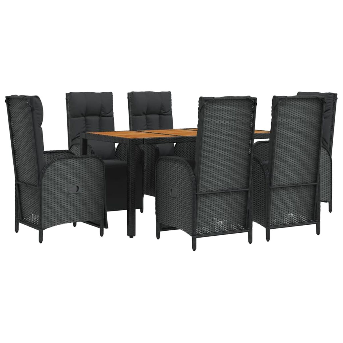 Ein schwarzes Esszimmer-Set aus Korbgeflecht mit 6 Stühlen und Kissen vor weißem Hintergrund.
