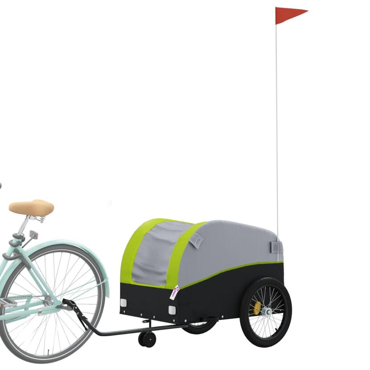 Ein Fahrrad zieht einen Tieranhänger mit roter Fahne. Der Anhänger ist grau und grün.