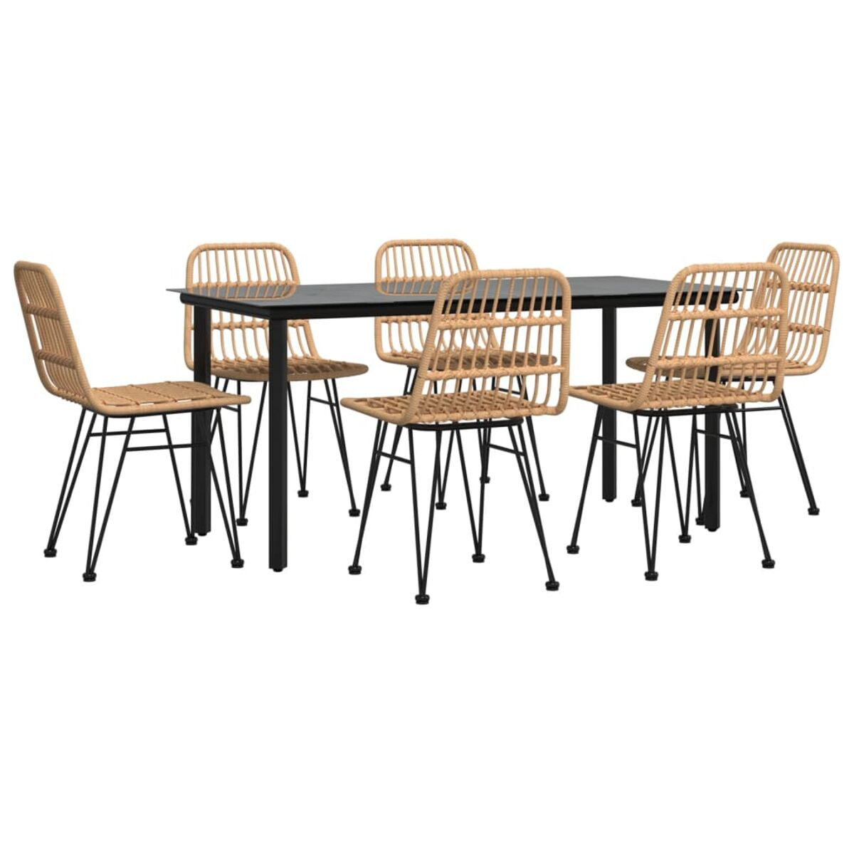 Ein Ess-Set mit einem schwarzen Tisch und Rattanstühlen mit schwarzen Beinen, auf weißem Grund.