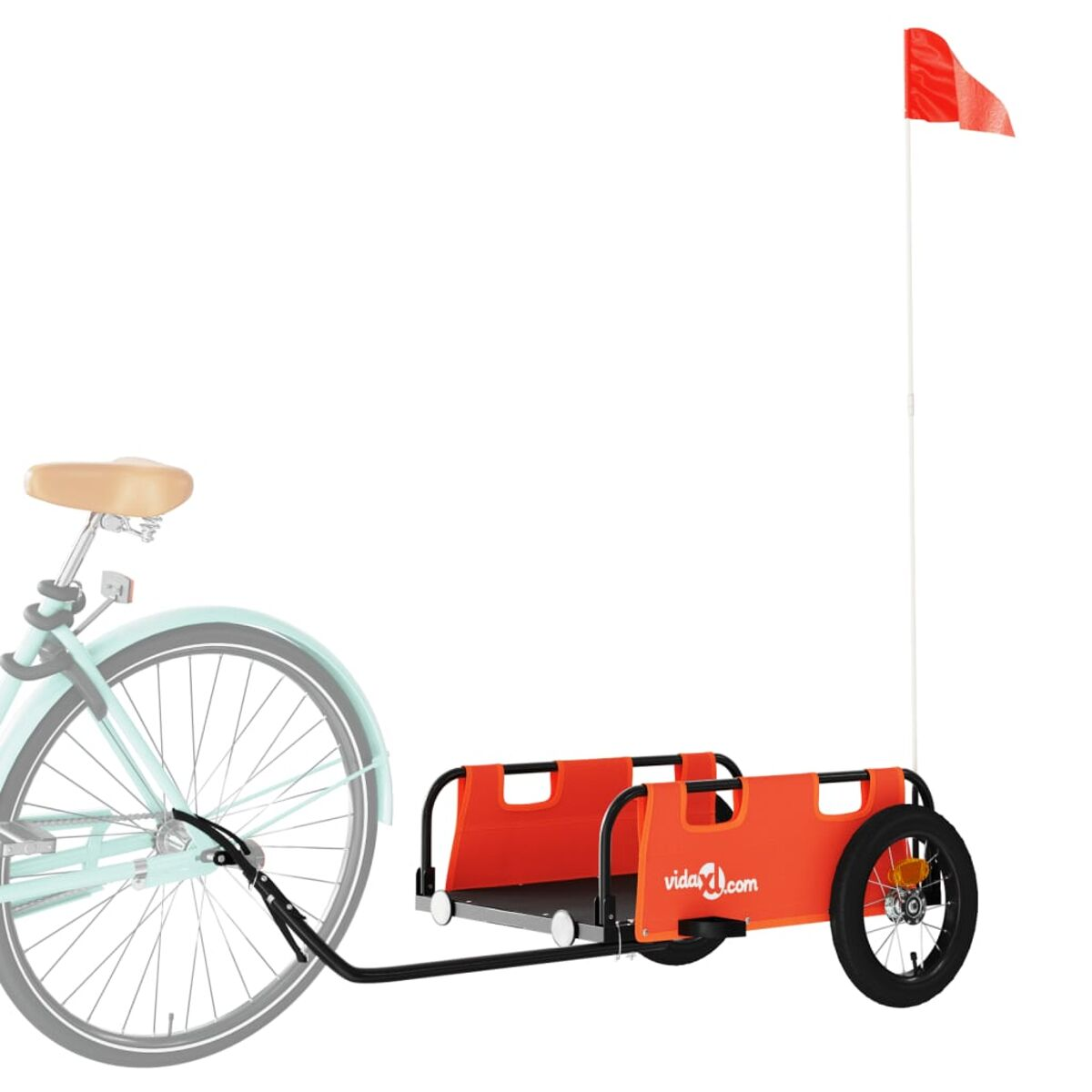 Orangener Fahrradanhänger mit roter Fahne und Fahrrad.