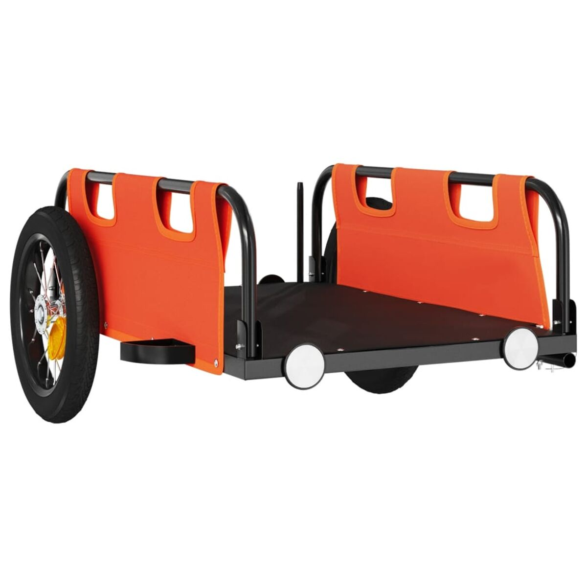 Ein Fahrradanhänger mit orangefarbenen Paneelen und schwarzer Basis. Das Rad ist links.