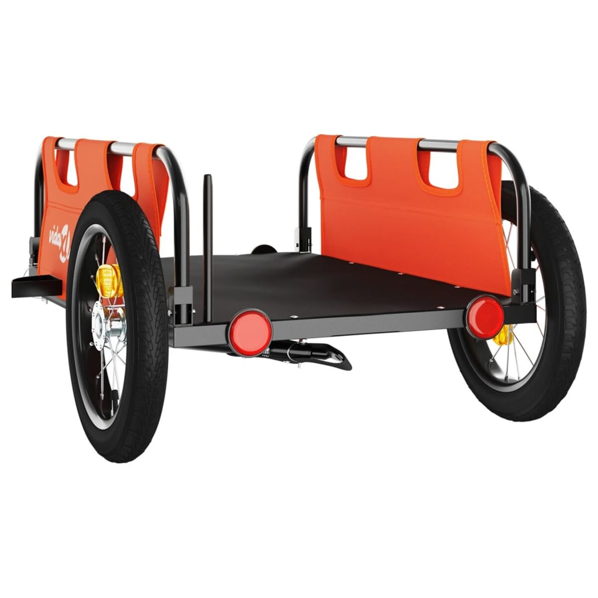 Ein roter und schwarzer Fahrradanhänger mit zwei orangefarbenen Stoffseiten und schwarzen Reifen.