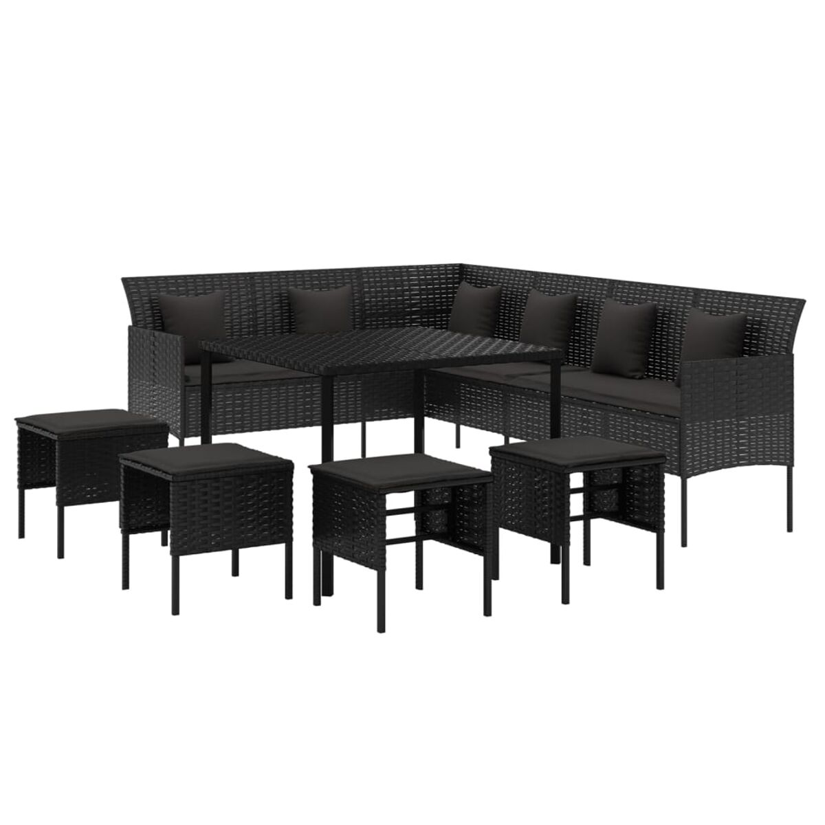 Schwarzes Outdoor-Möbelset aus Korbgeflecht mit Kissen. Enthält Sofa, Tisch und Hocker. Weißer Hintergrund.