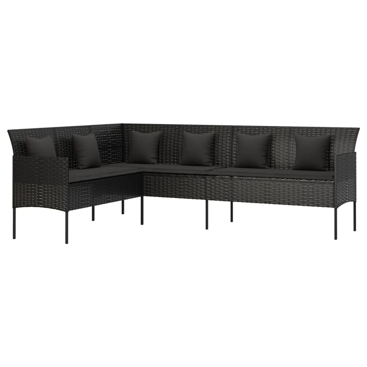 Schwarzes Ecksofa aus Korbgeflecht mit dunklen Kissen. Einfaches Design mit schwarzen Beinen.