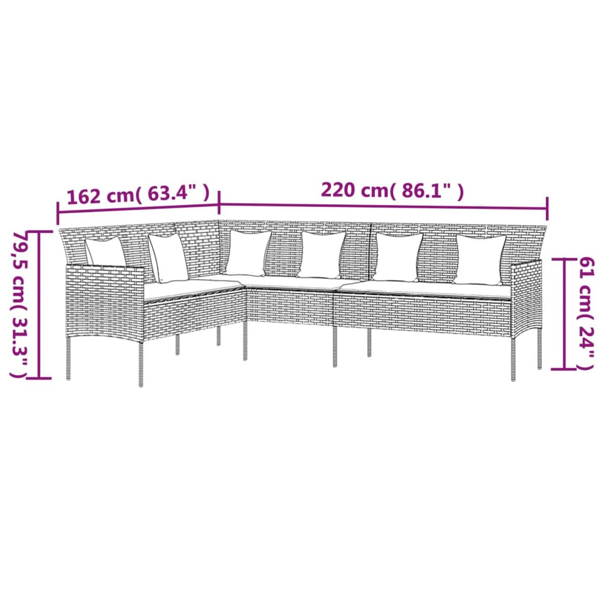 Ein Ecksofa aus Rattan mit weißen Kissen, vor weißem Hintergrund.