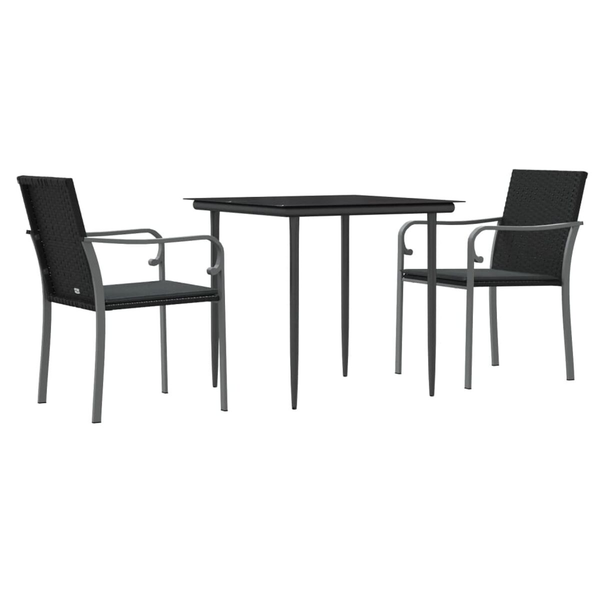 Schwarzer Tisch und zwei Stühle mit grauen Rahmen. Weißer Hintergrund. Stühle haben schwarze Sitze.