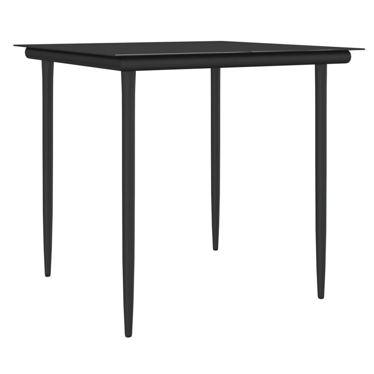 Schwarzer quadratischer Tisch mit vier Beinen. Die Beine sind dünn und schwarz. Die Oberseite ist schwarz.