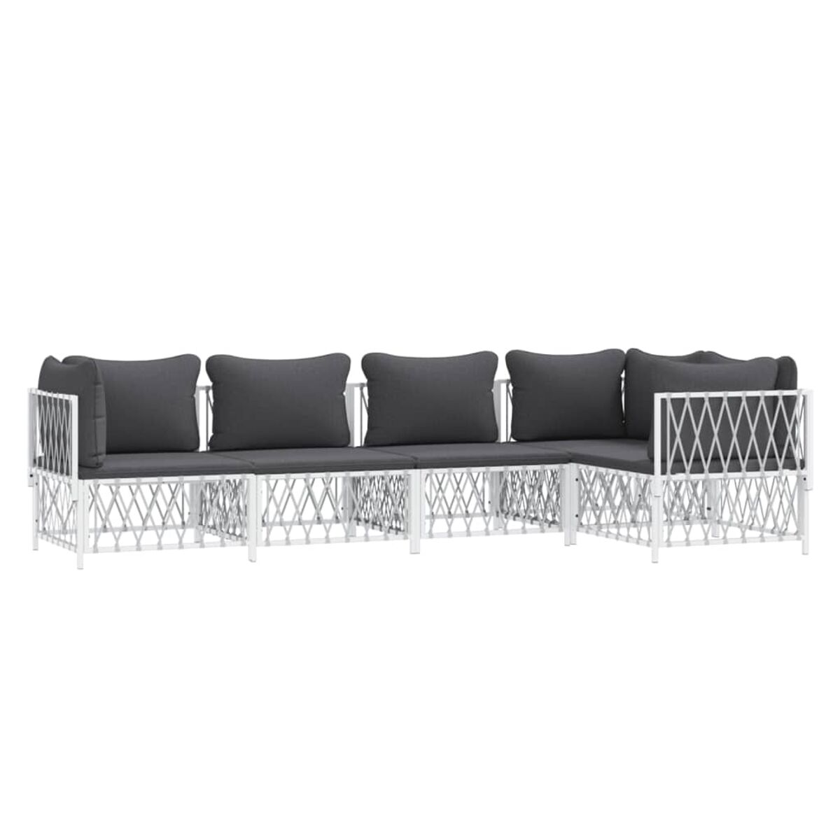 Weiß gerahmtes Outdoor-Sofaset mit grauen Kissen. Verfügt über eine L-förmige Anordnung und einen weißen Hintergrund.