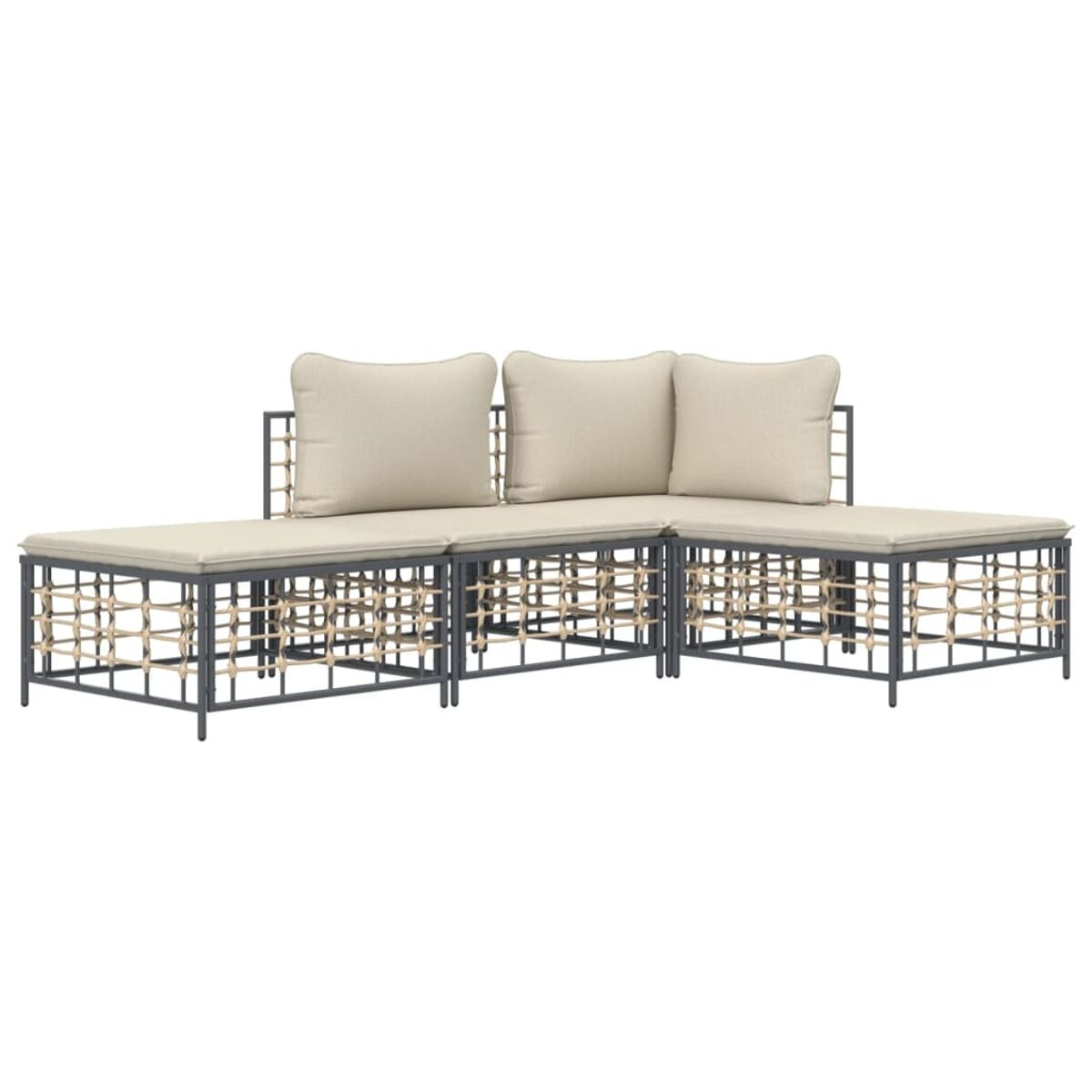Modulares Outdoor-Sofaset mit cremefarbenen Kissen und grauen Metallrahmen.